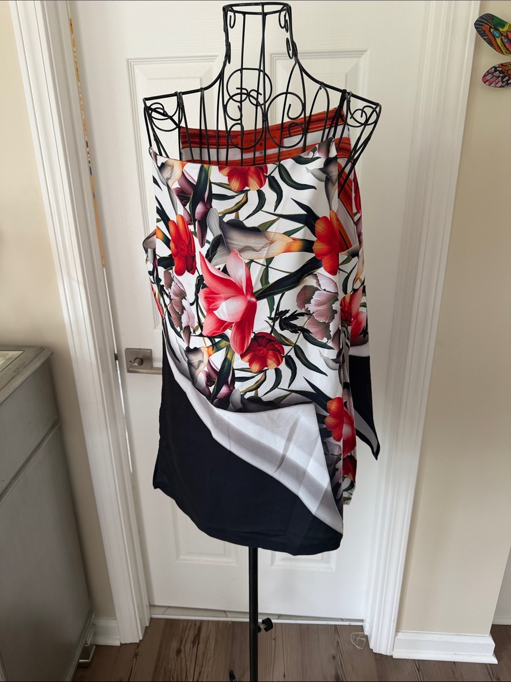 Floral Asymmetric Black & White Shirt  with Red Tropical Print